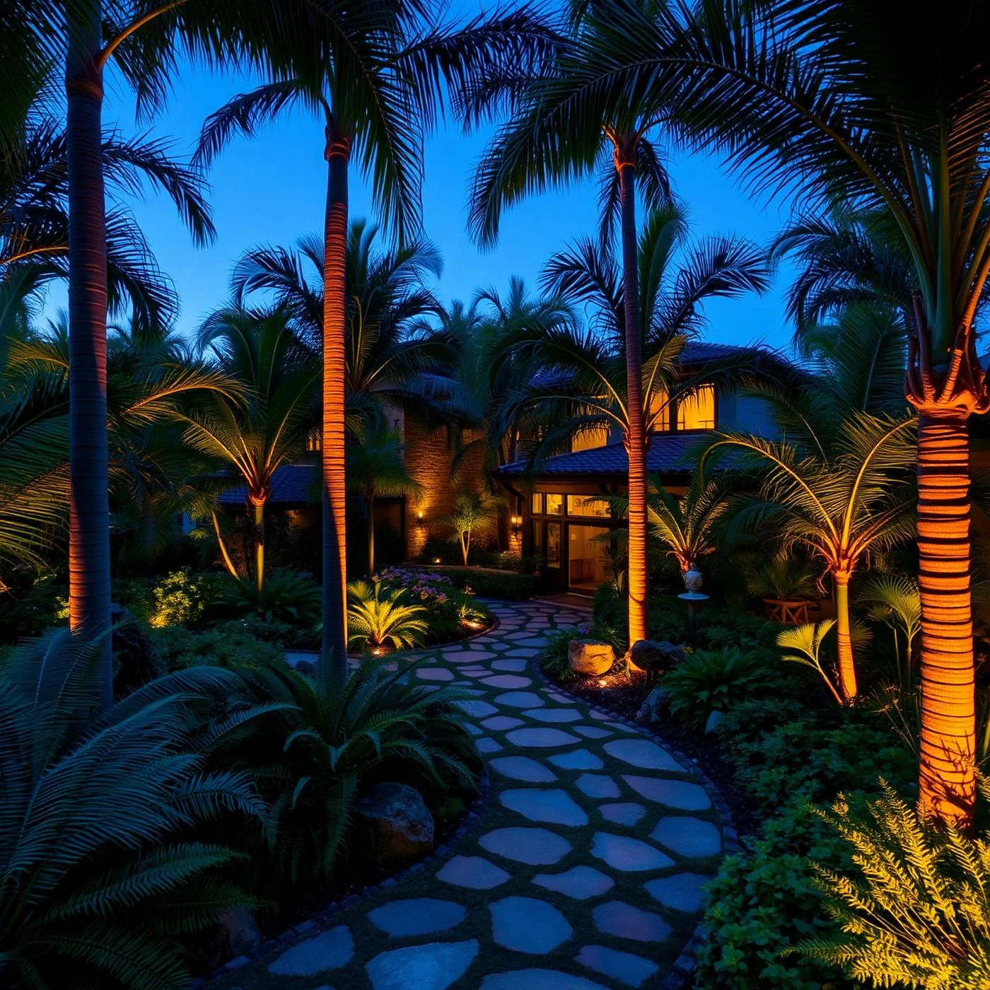 Jardim paisagístico com palmeiras e iluminação